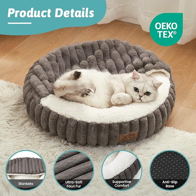 Cat Bed with Hooded Blanket, Round Fluffy Anti-Anxiety Pet Bed for Cats/Toy Breed Dogs, Cozy Donut Cuddler with Machine Washable Faux Fur & Anti-Slip Bottom(20"×20"×6",Grey)