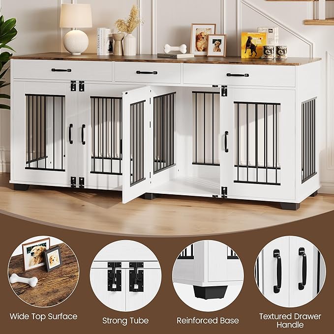 GarveeLife 71 in Dog Crate Furniture for 2 Rooms, Wooden Double Crate Large Breed with Door, Dog Kennel Indoor, TV Stand End Table with Divider for Large Medium Dogs,White/Brown