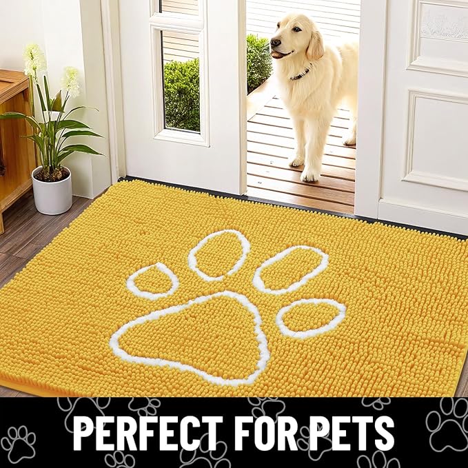 Smiry Dog Door Mat for Muddy Paws, Absorbent Dirt Trapper Non Slip Quick Dry Washable Chenille Mat for Mud Dogs, Entry Rug for Indoor and Outdoor (36x24 Inches, Yellow)