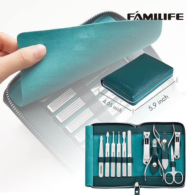 FAMILIFE Nail Kit, Professional Manicure Set Manicure Kit, 11 in 1 Stainless Steel Nail Clippers Set Pedicure Tools, Men Grooming Tool with Portable Blue Leather Travel Case Luxury Gifts for Him