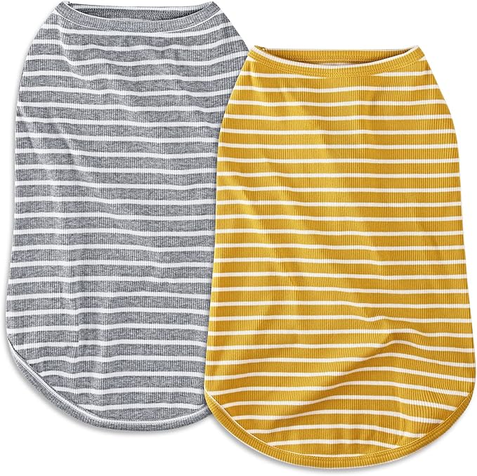 Koneseve Dog Shirt Vest Lightweight Stretchy Dog T-Shirts Soft Cool Shirts Sleeveless Stripe Vests Breathable Clothes for Puppy Kitty Cats Small Medium Large Dogs 2 Pack Yellow + Light Grey [L/Large]
