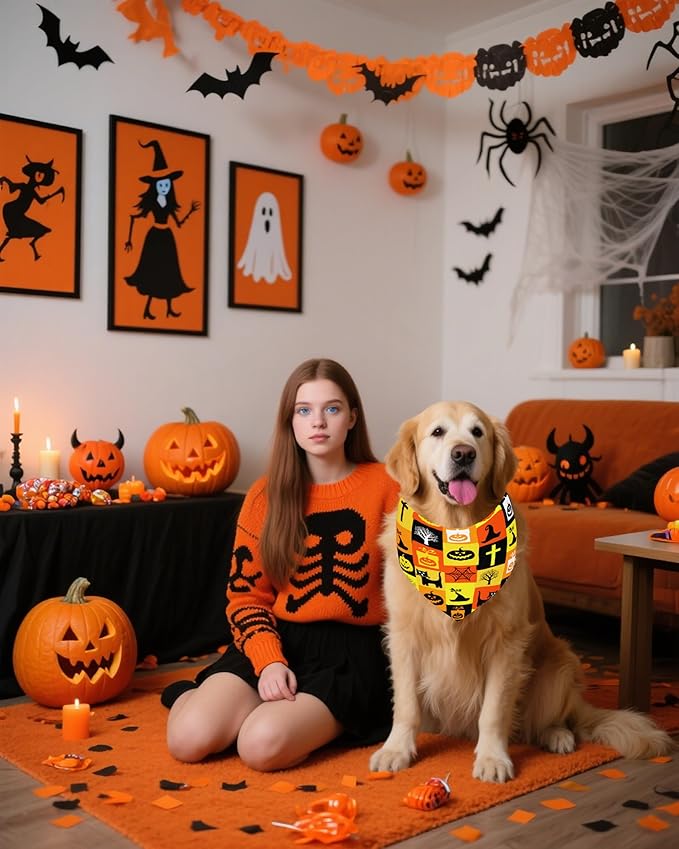 PET SHOW 100 Pack Halloween Large Dog Bandanas Bulk No Seam Pumpkin Ghost Triangle Bibs Scarves XL for Male Female Pets Adjustable Grooming Kerchiefs for Extra Large Dogs Costume Accessories(Large)