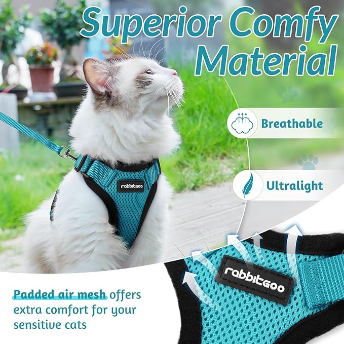 rabbitgoo Cat Harness and Leash for Walking, Escape Proof Soft Adjustable Vest Harnesses for Cats, Easy Control Breathable Reflective Strips Jacket, Teal, XXS