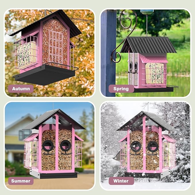 Bird Feeders for Outdoors, Metal Bird Feeder with Double Suet Cage Weatherproof Metal Roof, 2 in 1 Mixed Seeds Suet Feeder, 4Lbs Large Capacity, Great for Finch、Cardinal、Chickadee（Pink）