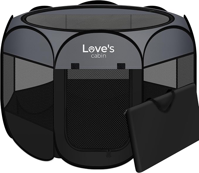 Love's cabin Pet Puppy Dog Playpen, Large Dog Tent Crates Cage Indoor/Outdoor, Portable Playpen for Cat, Foldable Pop Up Dog Kennel Playpen with Carring Case, Removable Zipper Top, Dark Grey