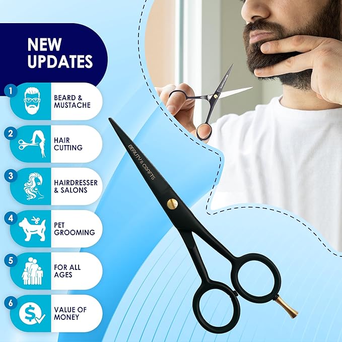 5'' Professional German Beard Scissors for Men- 2 Mustache Combs for Facial Hair with Beautiful Pouch & Tweezer - Mustache Scissors for Men Grooming, Cutting, Styling-Mustache Trimmer