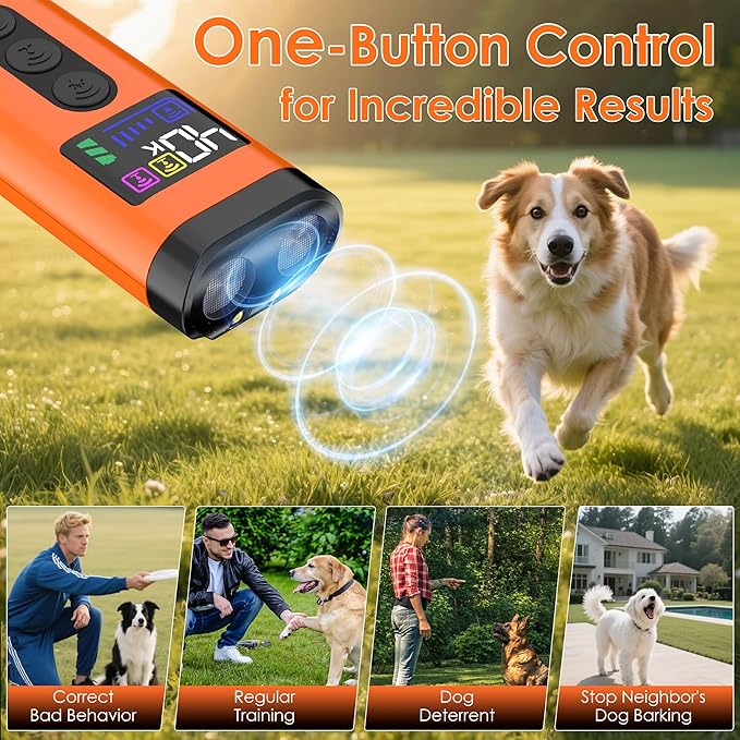 Dog Bark Deterrent Device, 65 FT Range,3X Ultrasonic Bark Deterrent Device & Ultrasonic Dog Trainer - Anti-Barking Device with Color Display, Safe & Effective Alternative to Bark Collars - Orange