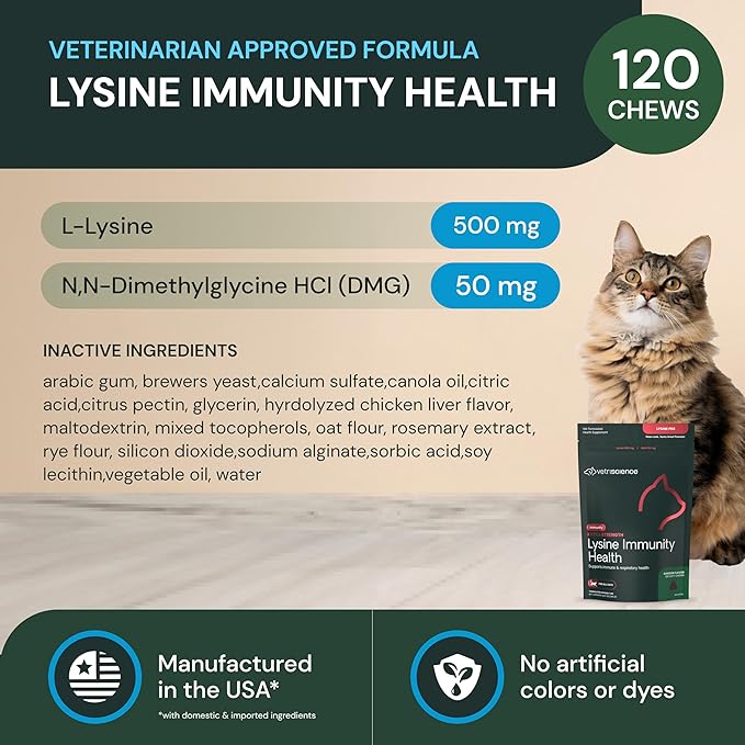 VetriScience Extra Strength Lysine Immunity Health Chews - Immunity Supplement for Cats of All Ages - Supports Immune Function, Eye Health & Cardiovascular Function - 120 Count