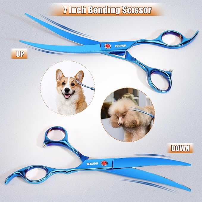 7.0in Titanium Blue Professional Pet Grooming Scissors Set, GEMEK 6 in 1 Straight & Thinning & Upwards Curved & Downwards Curved Scissors & Comb for Dogs, Cats (Blue)