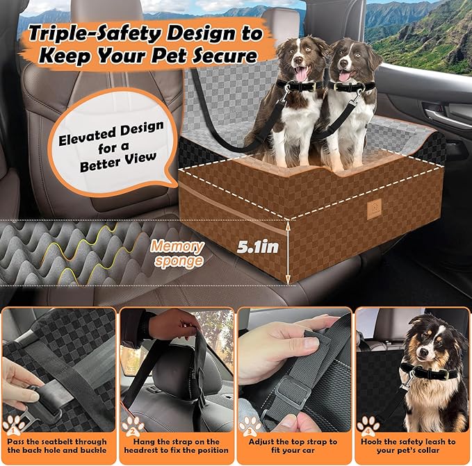 Large Dog Car Seat for Back Seat – Removable Dog Booster Seat & Washable Pet Car Seat for Medium & 2 Small Dogs up to 60lbs – Safety Straps & Storage Pocket – Travel & Home Use (Gray/Black)