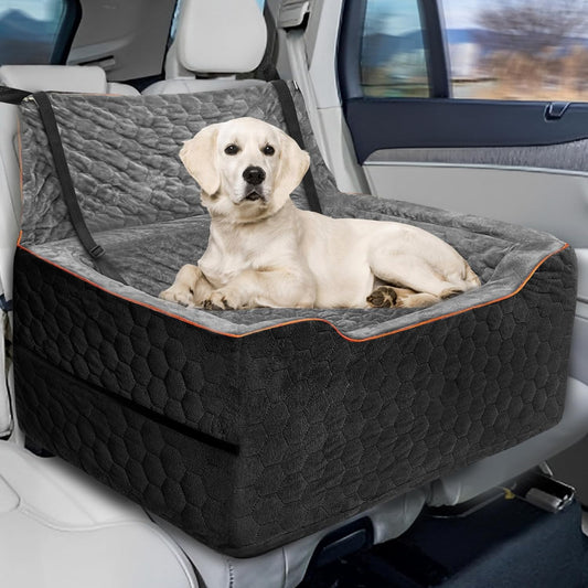 Dog Booster Seat for Larger & Medium Dogs – Comfortable Dog Car Bed with Washable Cover and Storage Pockets for Pets Up to 60lbs (BlackGray)