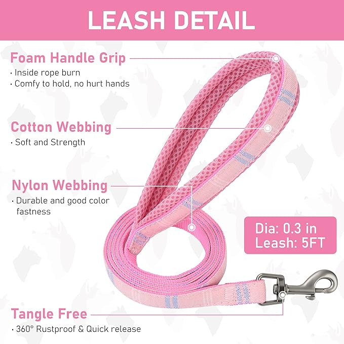 GAMUDA Small Dog Harness Collar and Leash Set, Step in No Chock No Pull Soft Mesh Adjustable Dog Vest Harnesses Plaid Reflective for Dogs Puppy Cats Kitten Rabbit (Pink, M)