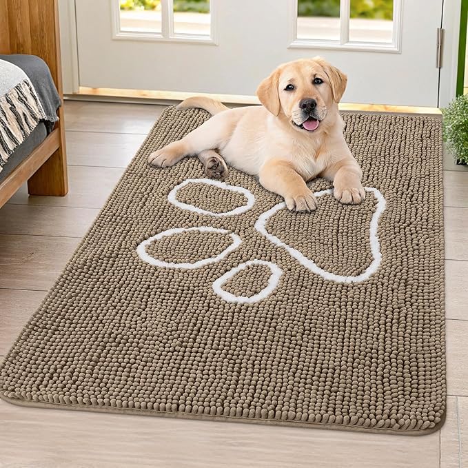 Smiry Dog Door Mat for Muddy Paws, Absorbent Dirt Trapper Non Slip Quick Dry Washable Chenille Mat for Mud Dogs, Entry Rug for Indoor and Outdoor (40x32 Inches, Camel)