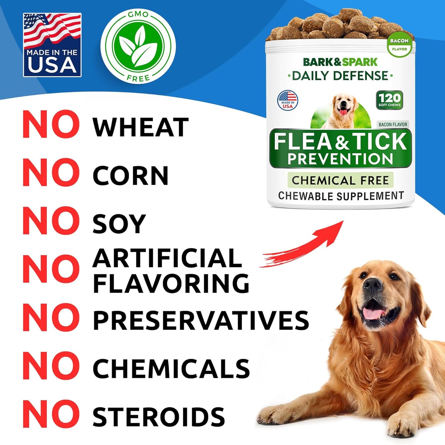 BARK&SPARK Natural Flea and Tick Prevention Chews for Dogs - Chewable Tablets for Dogs - All Breeds and Ages - Made in USA Flea and Tick Remover Supplement - Bacon - 120 Treats