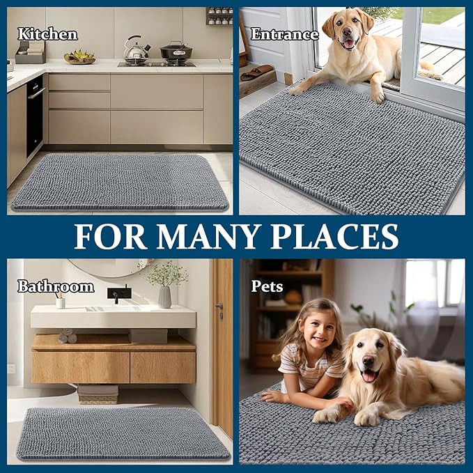 OLANLY Dog Door Mat Set 4-Piece 47x24, Absorbs Moisture and Dirt, Absorbent Non-Slip Washable Doormat, Quick Dry Chenille Mud Mat for Dogs, Entry Indoor Entryway Carpet for Inside Floor, Grey