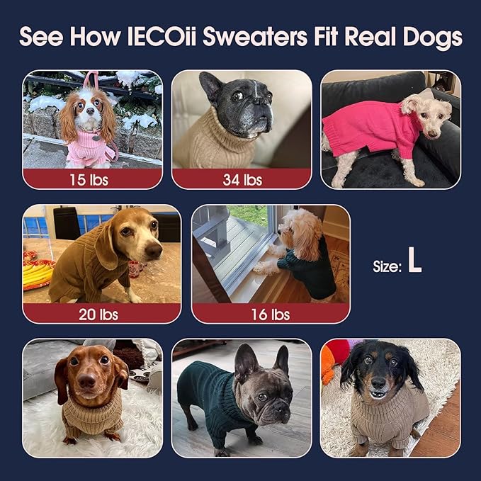 IECOii Dog Sweaters For Medium Dogs Girl Boy,Holiday Knit Doggy Sweatshirt with Sleeve,Turtleneck Thick Warm Dog Sweaters for Winter,Pullover Knitwear for French Bulldog,Boston Terrier (Light Grey, L)