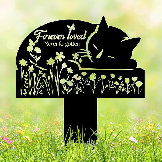 Cat Grave Marker Outdoor Memorial – 12in Metal Pet Memorial Plaque with Garden Sleeping Cat, Weatherproof Headstone for Yard or Indoor Tribute, Sympathy Gift for Loss of Cat
