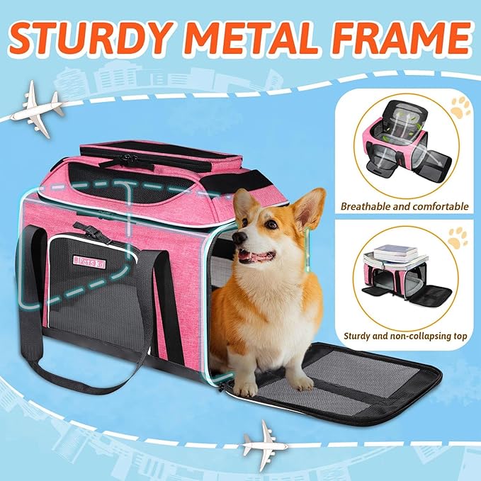 Petskd Top-Expandable Pet Carrier 18x13x9.5 Inches Southwest Airline Approved, Soft-Sided Carrier for Small Cats and Dogs with Locking Safety Zippers and Anti-Scratch Mesh(Pink)
