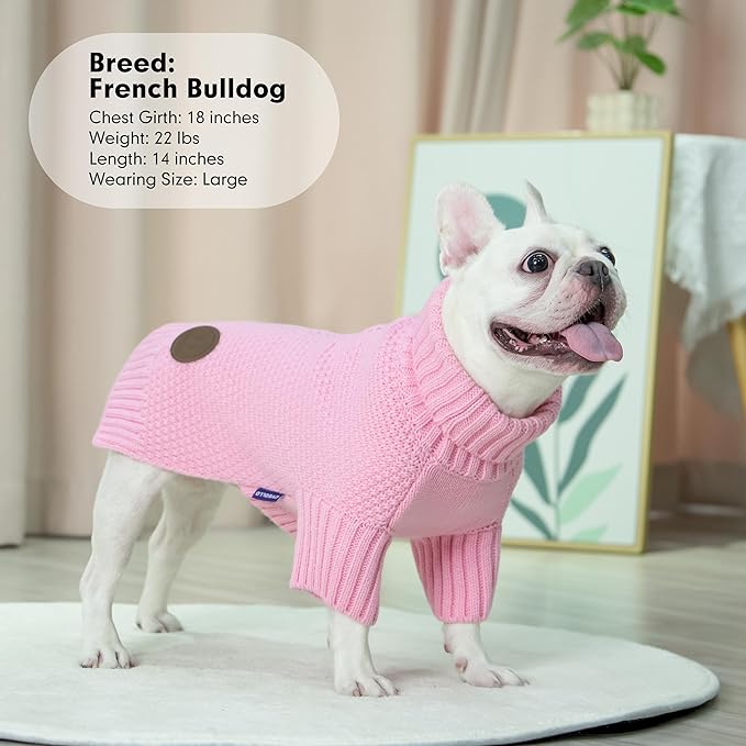 cyeollo Turtleneck Dog Sweater Soft Knitwear Pullover Sweaters with Leash Hole Pet Clothes for Cold Weather Pet Small Dog Sweaters,Pink, XL