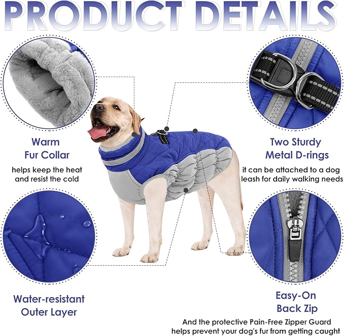 AOFITEE Dog Coat, Warm Winter Jacket for Medium Dogs, Reflective Turtleneck With Built-in Harness, Waterproof Windproof Pet Fleece Vest Puffer, Blue M