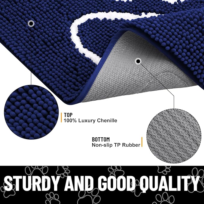 Smiry Dog Door Mat for Muddy Paws, Absorbent Dirt Trapper Non Slip Quick Dry Washable Chenille Mat for Mud Dogs, Entry Rug for Indoor and Outdoor (40x32 Inches, Navy Blue)