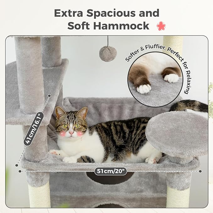 PAWZ Road Large 72 Inch Cat Tree and Tower for Indoor Cats - With Sisal-Covered Scratching Posts, Padded Perches, Condos, and Basket - Gray