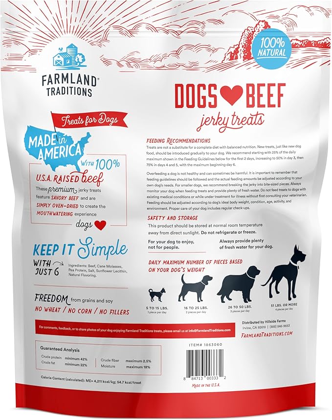 Farmland Traditions Dogs Love Beef Jerky Dog Treats, All Natural, Grain-Free, High Protein Training Treats, 2 Pound Bag