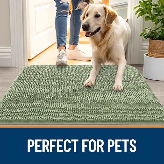 OLANLY Dog Door Mat Set 4-Piece 36x24, Absorbs Moisture and Dirt, Absorbent Non-Slip Washable Doormat, Quick Dry Chenille Mud Mat for Dogs, Entry Indoor Entryway Carpet for Inside Floor, Sage Green