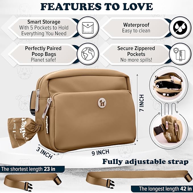 Puppington 3-in-1 Crossbody Dog Walking Bag & Treat Pouch with Matching Planet Safe Poop Bags & Built-In Dispenser - Dog Mom Gift for Puppy Training with Zippered Pockets (Latte Beige)