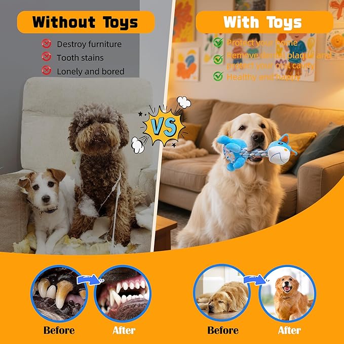 Knots Twists Dog Toy, Squeaky Rope Chew Toy for Small & Medium Dogs, Indestructible Tug of War Toy for Aggressive Chewers & Puppies, Dental Chew Toys to Clean Teeth & Relieve Boredom (Pony)