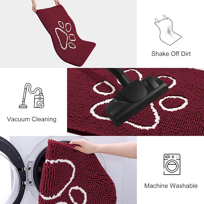 Smiry Dog Door Mat for Muddy Paws, Absorbent Dirt Trapper Non Slip Quick Dry Washable Chenille Mat for Mud Dogs, Entry Rug for Indoor and Outdoor (40x32 Inches, Burgundy)