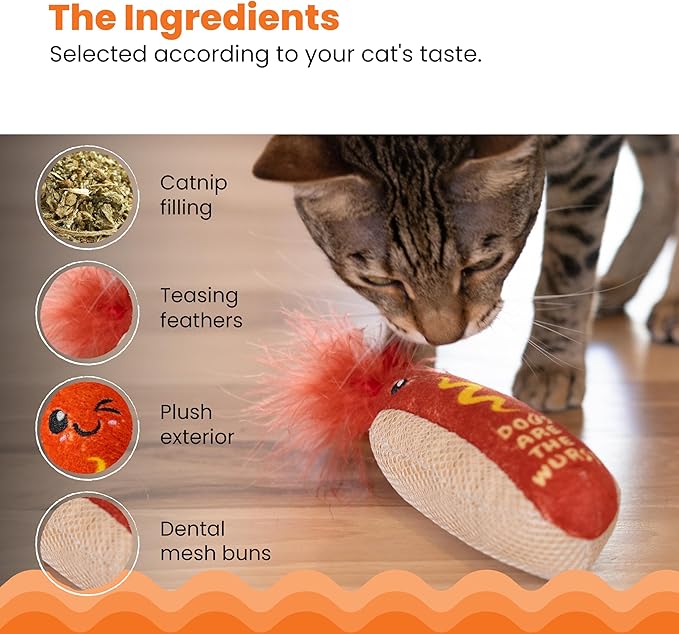 Catstages Hotdog Kicker Toy with Catnip and Dental Mesh, Hot Dog Shape, Plush and Feather Cat Toy for Kicking, Tossing, and Teeth Cleaning, Brown