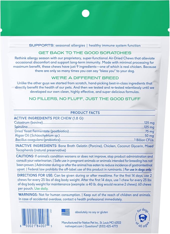 Native Pet Dog Allergy Chews - Dog Allergy Relief with Probiotics and Colostrum for Itchy Skin Relief to Support Seasonal Allergy and Healthy Immune System - All Natural Anti-Histamine - 60 Chews