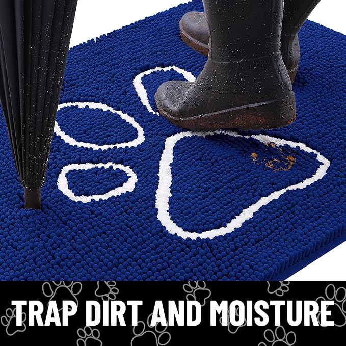 Smiry Dog Door Mat for Muddy Paws, Absorbent Dirt Trapper Non Slip Quick Dry Washable Chenille Mat for Mud Dogs, Entry Rug for Indoor and Outdoor (36x24 Inches, Royal Blue)
