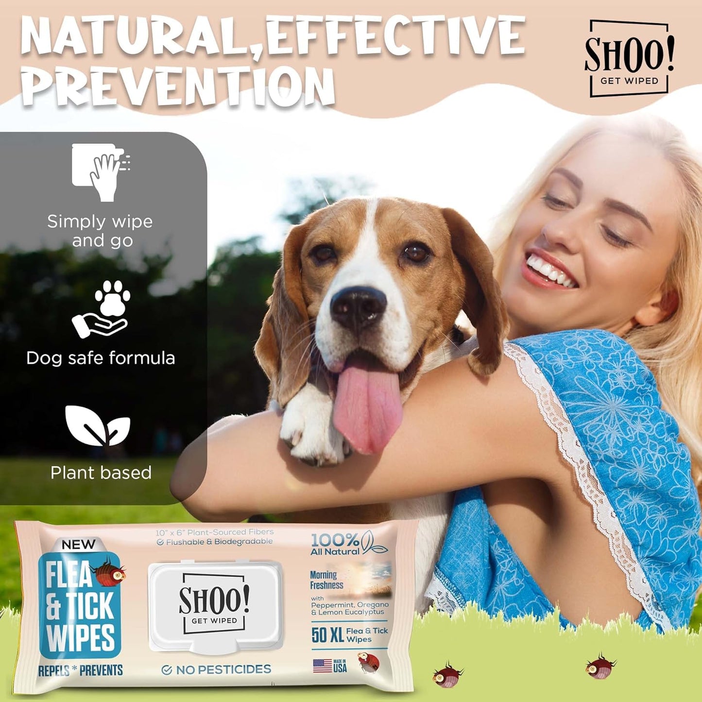 Shoo! Flea & Tick Wipes for Dogs | Convenient, Easy On-The-Go Protection | Plant Based, Natural Oils, Chemical Free | Repels & Prevents | 50 XL Wipes | (Morning Freshness)