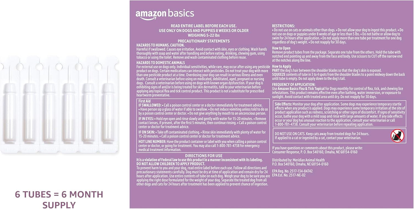 Amazon Basics Flea and Tick Topical Treatment for Large Dogs (45-88 lbs), Unscented, 6 Count (Previously Solimo)