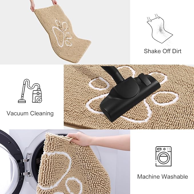 Smiry Dog Door Mat for Muddy Paws, Absorbent Dirt Trapper Non Slip Quick Dry Washable Chenille Mat for Mud Dogs, Entry Rug for Indoor and Outdoor (48x30 Inches, Beige)