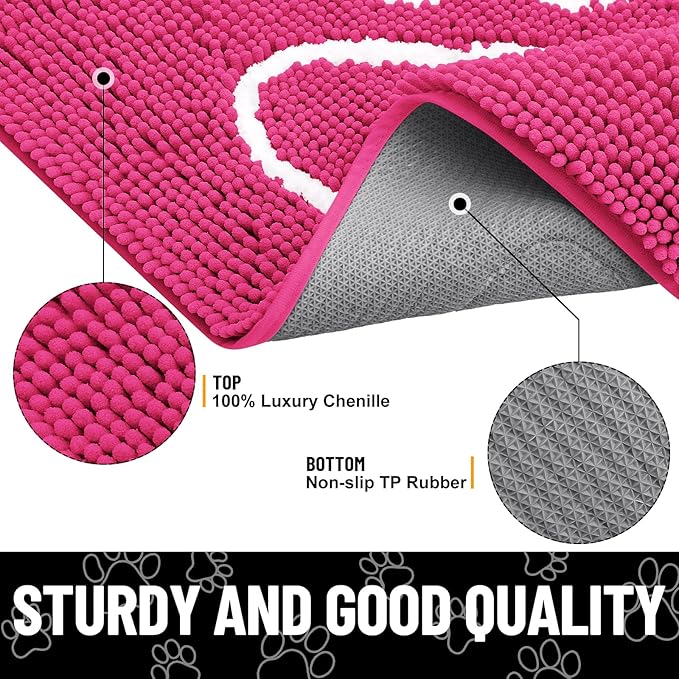 Smiry Dog Door Mat for Muddy Paws, Absorbent Dirt Trapper Non Slip Quick Dry Washable Chenille Mat for Mud Dogs, Entry Rug for Indoor and Outdoor (30x20 Inches, Hot Pink)