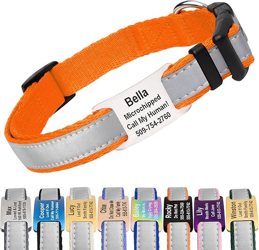 GoTags Reflective Personalized Dog Collar with Nameplate, Adjustable Dog Collar with Custom Engraved Steel Slide On Pet ID Tag, Silent, No Noise Dog Tag for Large Medium or Small (Orange, Small)