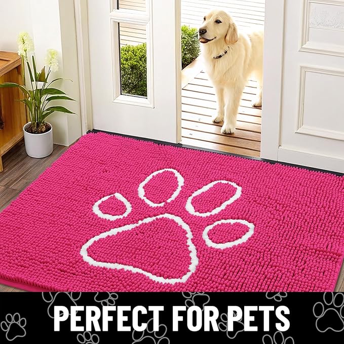 Smiry Dog Door Mat for Muddy Paws, Absorbent Dirt Trapper Non Slip Quick Dry Washable Chenille Mat for Mud Dogs, Entry Rug for Indoor and Outdoor (36x24 Inches, Hot Pink)