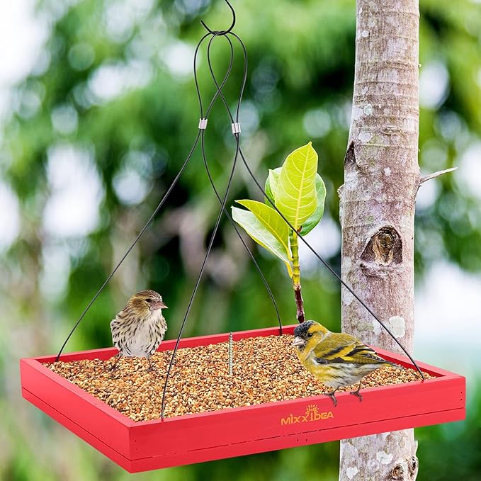 MIXXIDEA Bird Feeder Hanging Tray Seed Tray Wooden Platform Hummingbird Feeder Hanging Tray Mesh Seed Platform for Garden Yard Outside Decoration Attracting for Wild Birds (Red-1pk)