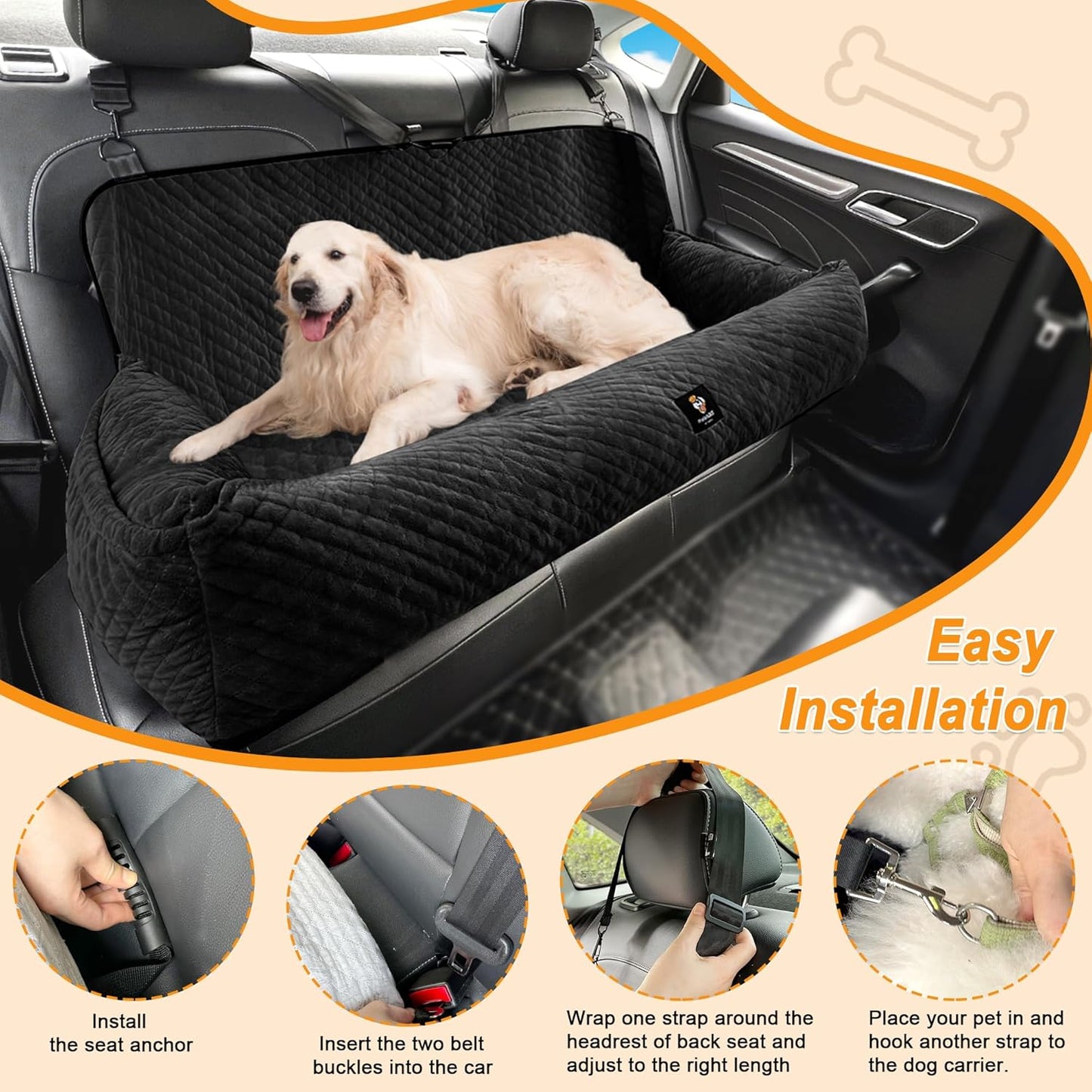 Dog Car Seat for Medium/Large Dogs Under 100 Lbs,Multi-Functional Dog Car Bed Washable Pet Travel Safety with Thick Cushion, Soft & Removable,for All Cars Back Seat (Black)