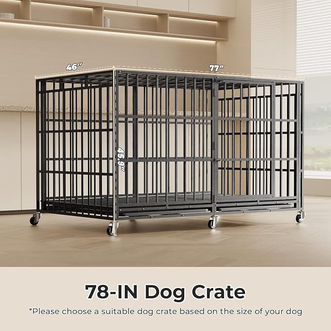 78 Inch Heavy Duty Indestructible Dog Crate Steel Escape Proof, Indoor Double Door High Anxiety Cage, Kennel with Wheels,Removable Tray,Extra Large Dogs XL XXL XXXL
