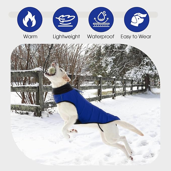 IDOMIK Dog Winter Coat, Warm Waterproof Dog Puffer Jacket with Harness Hole, Adjustable Reflective Snow Jacket Vest with Turtleneck, Pet Cold Weather Coats for Small Dogs,Blue,S