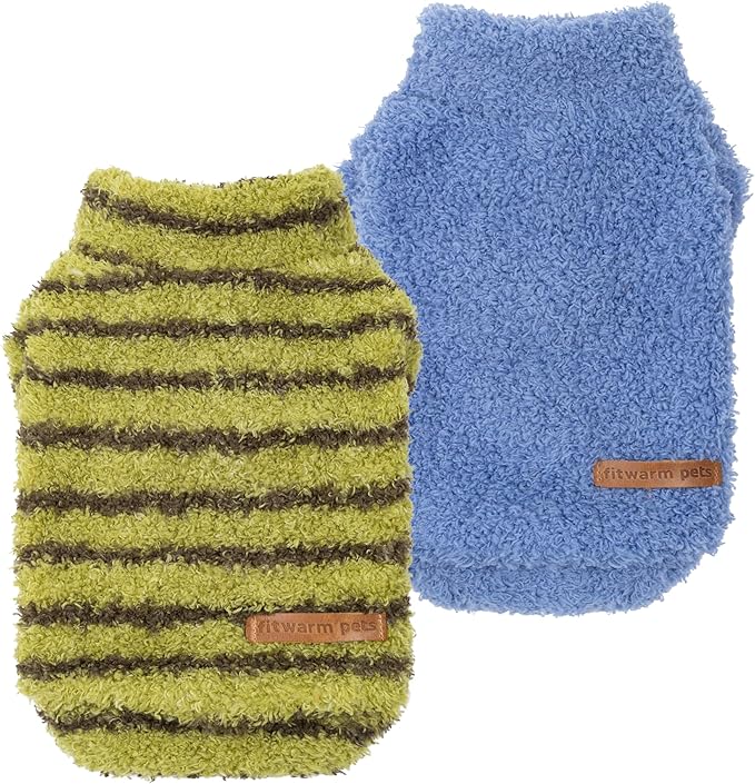 Fitwarm 2 Pack Striped Fleece Dog Sweater, Warm Winter Clothes for Small Dogs Boy Girl, Fuzzy Pet Outfit, Sky Blue, Olive Green, XXL