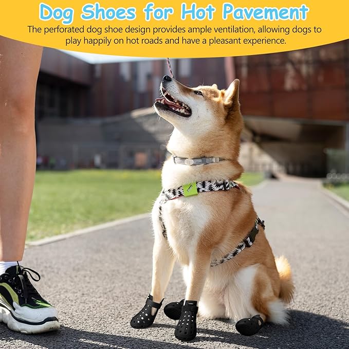 Dog Shoes for Hot Pavement Non-Slip Waterproof Dog Shoes for Medium Dogs Large Size Dogs Easy ON & Off Adjustable Easy-Clean for Beach Outdoor Black Size L: (3.5x2.63’’)(L*W)