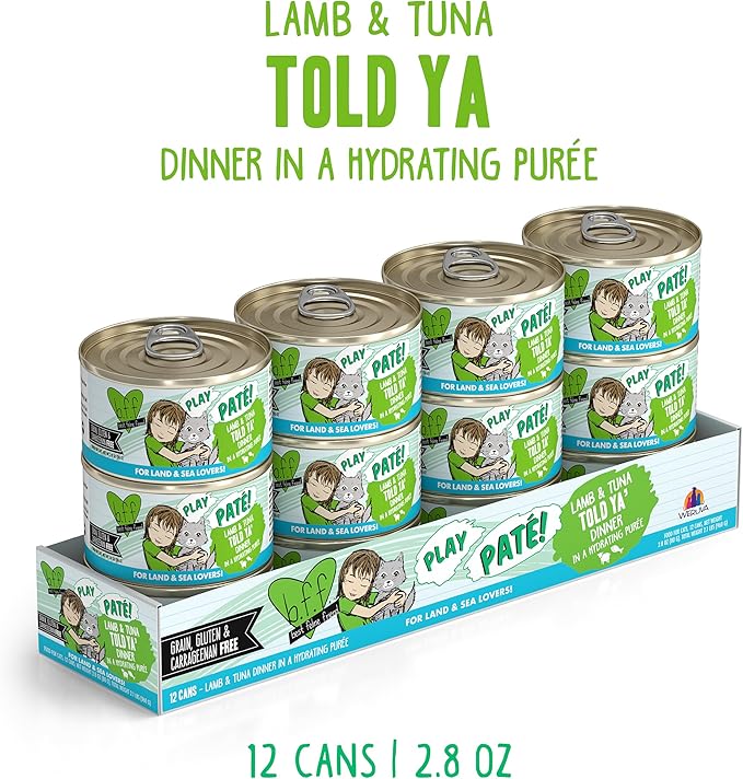 Weruva B.F.F. Play - Best Feline Friend Paté Lovers, Aw Yeah!, Lamb & Tuna Told Ya' with Lamb & Tuna, 2.8oz Can (Pack of 12)