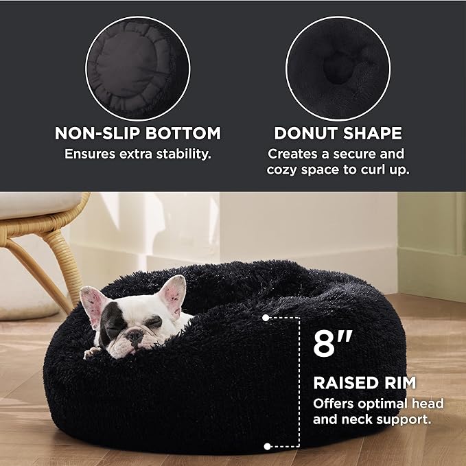 Bedsure Calming Dog Bed for Small Medium Dogs - Donut Washable Medium Pet Bed, 27 inches Anti-Slip Round Fluffy Plush Faux Fur Cat Bed, Black