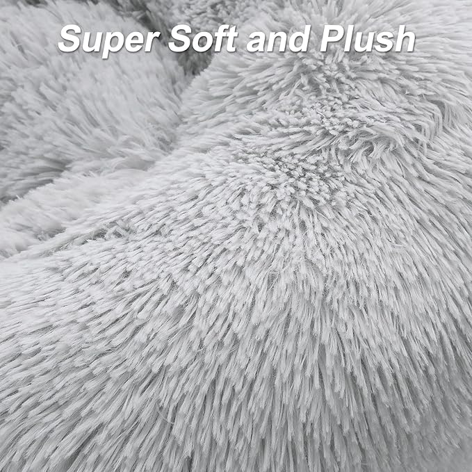 MIXJOY Calming Cat Beds for Indoor Cats, 20'' Kitten Donut Bed for Pet Up to 15lbs, Fluffy Small Cat Cuddler Bed, Anti-Anxiety Plush Faux Fur Large Cat Bed Washable (20'', Grey)