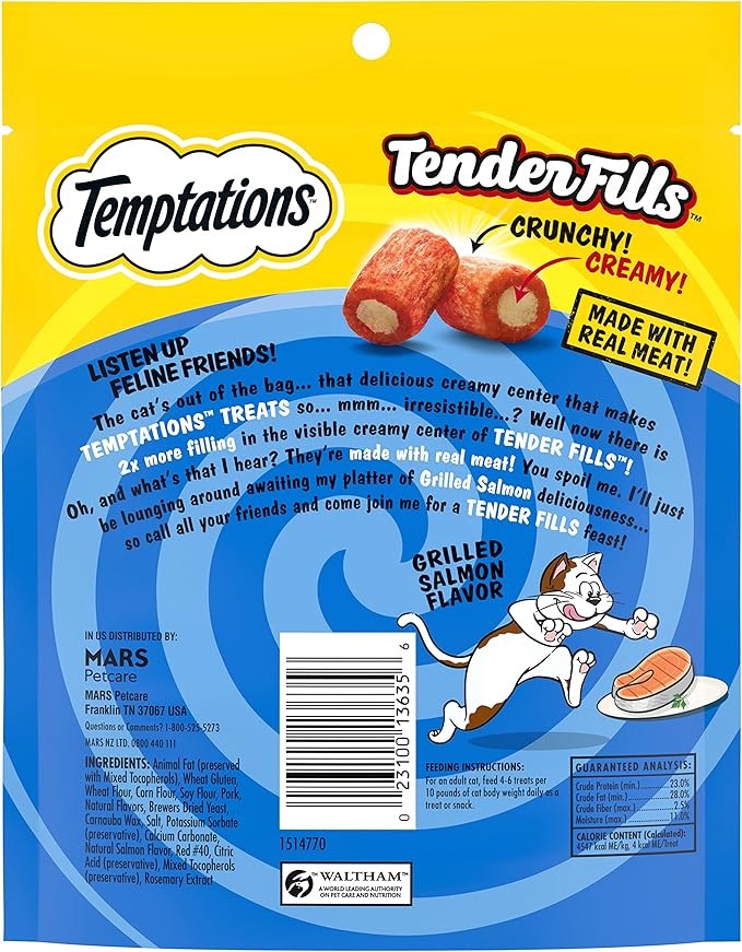 Temptations Tender Fills Crunchy and Soft Adult Cat Treats, Grilled Salmon Flavor, 4.6 oz. Pouch (Pack of 10)
